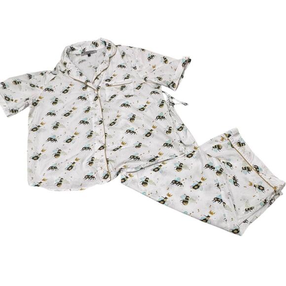 Their Nibs White Gold Queen Bee Crowns 100% Cotton Capri Pajama Lounge Set Sz S - Picture 1 of 12